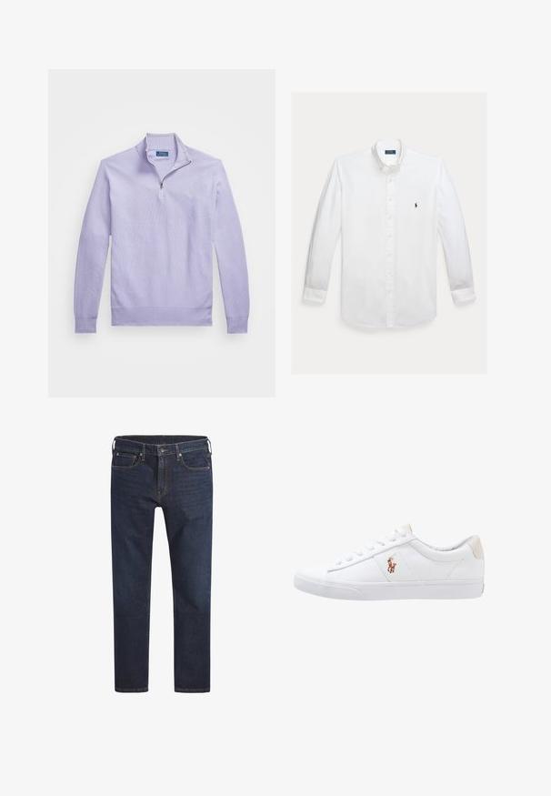 Lys lilla strikket pullover med lynlås i kvart længde, ribbede manchetter og kant; har et lille logo på brystet.; Hvid skjorte med lange ærmer, knapper foran, krave og lille mørkeblå Polo Ralph Lauren logo broderet på brystet.; Mørkeblå denim jeans med lige ben, fem-lomme design og metalknaplukning. Har kontrasterende syning overalt.; Hvide kanvas sneakers med lågtop design, prydet med en beige hælkappe og et lille broderet logo på siden. Gummisål.