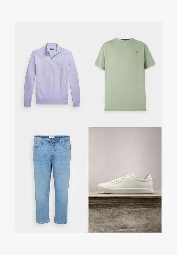Lys lilla strikket pullover med lynlås i kvart længde, ribbede manchetter og kant; har et lille logo på brystet.; Lysegrøn t-shirt med korte ærmer og rund hals, med lille broderet Polo Ralph Lauren-logo på venstre bryst.; Lys blå denimjeans med en afslappet pasform, fem-lomme design, knaplukning og synlige syninger.; Hvide snørresneakers svævende over en træbænk med grønne planter i baggrunden, der fremhæver skodesign og tekstur.