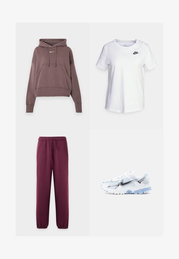 Καφέ κοντό hoodie με τσέπη μπροστά, κουκούλα με κορδόνια, ριμπ μανσέτες και στρίφωμα, και μικρό λευκό λογότυπο Nike στο στήθος.; Λευκή βαμβακερή μπλούζα με στρογγυλή λαιμόκοψη και κοντά μανίκια. Διαθέτει μαύρο λογότυπο Nike στην επάνω αριστερή πλευρά του στήθους.; Σκούρο μοβ φόρμα με ελαστική μέση και κορδόνι, στενές μπατζάκια και ελαστικά μανσέτες στους αστραγάλους.; Άσπρο και ανοιχτό μπλε αθλητικό παπούτσι με πλέγμα, ανακλαστικές ασημί λεπτομέρειες, παχύ μαξιλαρωτό πάτο και μαύρο λογότυπο Swoosh στο πλάι.