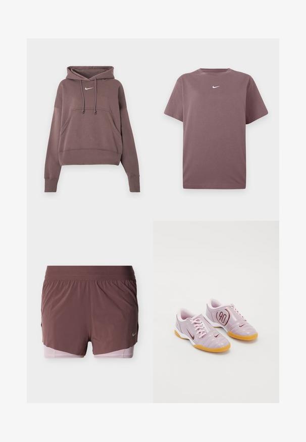 Καφέ κοντό hoodie με τσέπη μπροστά, κουκούλα με κορδόνια, ριμπ μανσέτες και στρίφωμα, και μικρό λευκό λογότυπο Nike στο στήθος.; Μαυρό καφέ κοντομάνικο μπλουζάκι με λαιμόκοψη, με μικρό λευκό σήμα Nike στο κέντρο του στήθους, τοποθετημένο σε λευκό φόντο.; Σορτς σε βαθύ μωβ χρώμα με ελαφρύ σχέδιο, που διαθέτουν φαρδύ ζωνάρι μέσης και ροζ εσωτερική επένδυση. Περιλαμβάνει μια μικρή λεπτομέρεια λογότυπου στο πλάι.; Μωβ συνθετικά αθλητικά παπούτσια με υφή στην επάνω πλευρά, ροζ κορδόνια, ορατή κόκκινη λεπτομέρεια '90' και σόλα από καουτσούκ γόμα.
