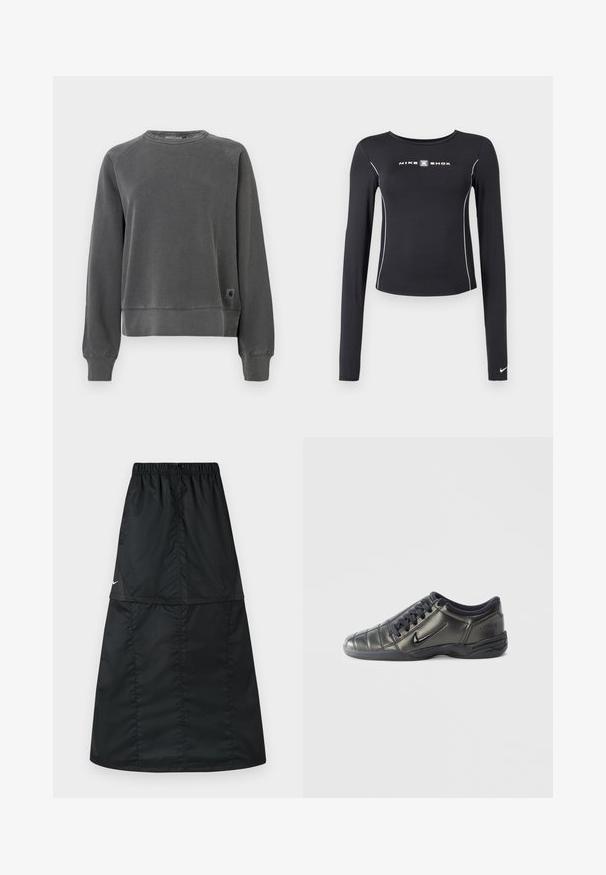 Crewneck sweatshirt σε σκούρο γκρι ύφασμα, με ριπ μανσέτες και στρίφωμα, και μια μικρή λογότυπο ετικέτα στη χαμηλή πλευρά. Μαλακή υφή.; Μαύρο αθλητικό μπλουζάκι με μακριά μανίκια, στρογγυλή λαιμόκοψη, εφαρμοστή γραμμή, λευκή διακοσμητική ραφή και λογότυπο "NIKE SHOX" στο κέντρο.; Μαύρη αθλητική φούστα από ελαφρύ, λείο νάιλον ύφασμα. Διαθέτει ελαστική μέση και απλό, μακρύ, σε σχήμα Α κόψιμο.; Μαύρο χαμηλό Nike sneaker με κορδόνια, ραφές και υφή στην σόλα, σε λευκό απλό φόντο.