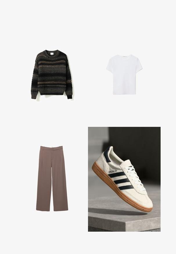 Pull en tricot avec un col rond, teintes gris foncé et marron, motif texturé, et bords côtelés aux poignets et à l'ourlet. Coupe légèrement ample.; T-shirt blanc à manches courtes en tissu doux. Dispose d'un col rond et d'un design simple et épuré avec un ourlet droit.; Pantalons larges taupe avec plis avant, passants de ceinture et poches latérales, conçus pour une coupe ample et confortable.; Baskets en daim blanc avec des bandes navy, semelle en caoutchouc gomme, tige texturée, bout rond et lacets ; arbore un logo sur le côté et sur la languette.