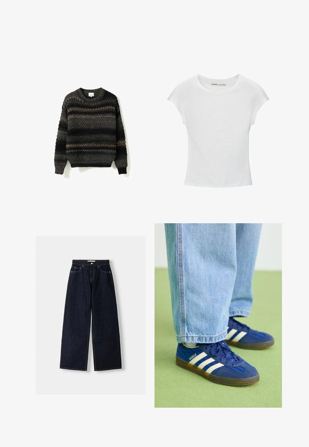 Pull en tricot avec un col rond, teintes gris foncé et marron, motif texturé, et bords côtelés aux poignets et à l'ourlet. Coupe légèrement ample.; T-shirt en coton blanc avec manches courtes retroussées, encolure ronde et ourlet droit. Texture lisse sans motifs ni accents visibles.; Jean large en denim bleu foncé à taille haute, avec cinq poches, des coutures contrastées et des éléments en métal argenté. Texture lisse et finition soignée.; Baskets en daim bleu avec des rayures blanches et des motifs texturés, portées avec un pantalon en denim bleu clair, sur fond vert.