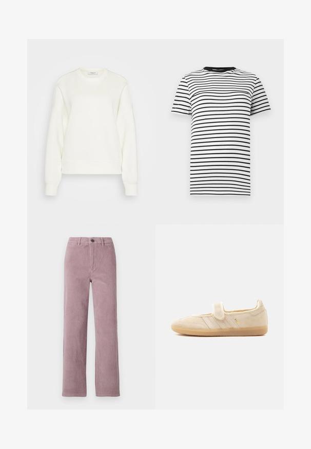 Huppari, jossa on pyöreä kaula-aukko, off-white väri, valmistettu pehmeästä puuvillasekoitteesta. Omaavat pitkät hihat, rennon leikkauksen sekä resorit helmassa ja hihoissa.; Valkoinen ja musta raidallinen t-paita pehmeästä kankaasta. Tässä t-paidassa on pyöreä pääntie ja lyhyet hihat, ja siinä on tasaisesti aseteltuja vaakaraitoja.; Vaatteet samettihousut vaaleanlila sävyssä, suoran lahkeiden leikkauksella. Edessä nappisulku ja pystysuora röpelötekstuuri.; Beigenvärinen mokkanahkainen Mary Jane -tennari tarroilla kiinnitettävällä hihnalla, kuminahkapohjalla, kolmella ommellulla raidalla ja kultaisella "SAMBA"-logolla sivussa.