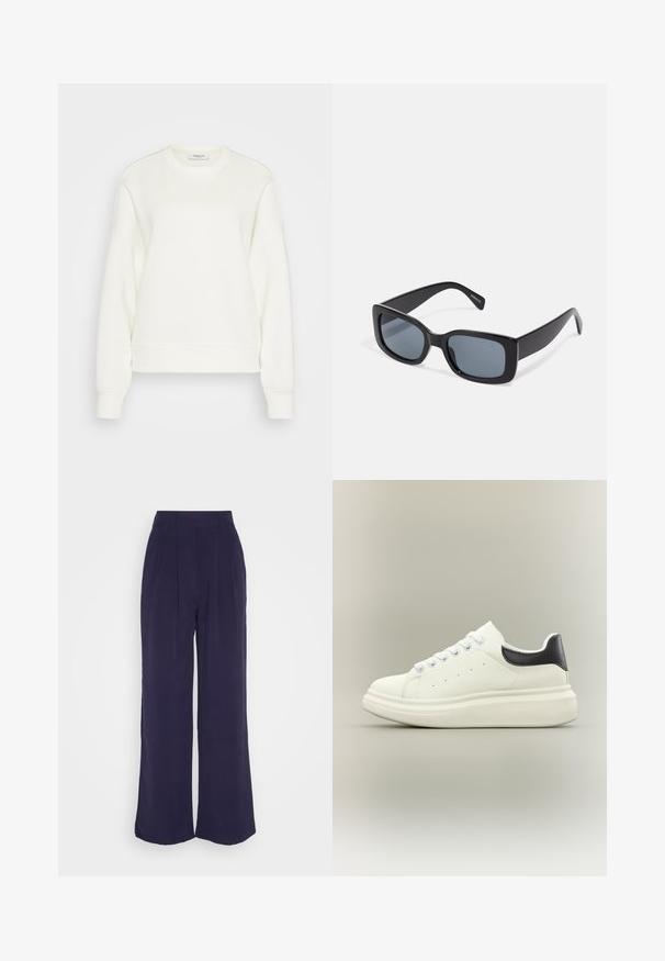 Crewneck sweatshirt i off-white, lavet af blødt bomuldsblanding. Har lange ærmer, en afslappet pasform samt ribbet kant og manchetter.; Anna Field Bukser - dark blue; Hvid lav-top sneaker med tyk sål, snørelukning foran og sort hælstrop på en neutral baggrund.; Sorte rektangulære solbriller med mørkt tonede linser, tyk plastramme og brede stænger. Glat overflade og kantet design.