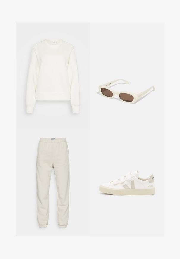 Crewneck sweatshirt i off-white, lavet af blødt bomuldsblanding. Har lange ærmer, en afslappet pasform samt ribbet kant og manchetter.; Cremefarvede sweatpants lavet af blødt materiale, med elastisk talje, sidelommer og manchetter ved anklerne.; Hvide sneakers med velcro-remme, suede detaljer i beige, struktureret gummisål og V-logo i grå. Minimalistisk design, afrundet form.; Cremefarvede solbriller med ovale linser, brunt tonede, med en blank finish og subtil "Vogue" branding på siden.