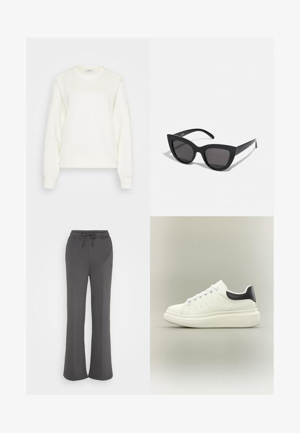 Crewneck sweatshirt i off-white, lavet af blødt bomuldsblanding. Har lange ærmer, en afslappet pasform samt ribbet kant og manchetter.; Grå sweatpants lavet af blødt stof, med snørredetalje i livet, flagrende ben og ingen synlige mønstre eller hardware-detaljer.; Hvid lav-top sneaker med tyk sål, snørelukning foran og sort hælstrop på en neutral baggrund.; Sorte cat-eye solbriller med mat finish, der har grå tonede linser, skarpe vinkler og slanke sidearme. Mærkenavnet er synligt på den indre arm.