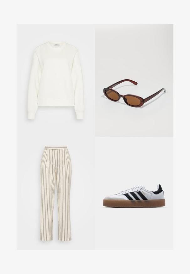 Crewneck sweatshirt i off-white, lavet af blødt bomuldsblanding. Har lange ærmer, en afslappet pasform samt ribbet kant og manchetter.; Beige højtaljede bukser med lodrette, tynde brune striber, sidelommer og lige ben på hvid baggrund.; Hvide lædersneakers med sorte striber, gummirubber sål, rund tå, snørelukning og blød grå ruskinds tåhætte.; Runde, bruntonede solbriller med en glansfuld bordeauxramme. Slanke arme med diskret brandingdetalje. Flad linsedesign.