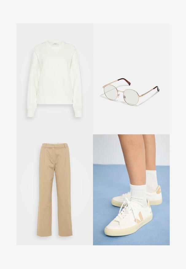 Crewneck sweatshirt i off-white, lavet af blødt bomuldsblanding. Har lange ærmer, en afslappet pasform samt ribbet kant og manchetter.; Beige vidde bukser lavet af et tekstureret stof, med en mellemhøj talje, frontfolder og et strømlinet design.; Hvide sneakers med brune detaljer, rund tå og hvide snørebånd. Båret sammen med ribbede hvide strømper, sat mod en lys blå baggrund.; Guldmetals ovale briller med klare linser. Skildpadde-mønster detaljer på stængerne. Justerbare næsepuder for komfort.
