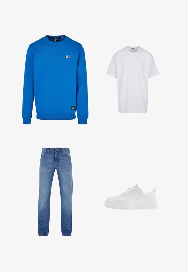 Blå crewneck sweatshirt lavet af bomuldsblanding med ribbede manchetter og kant. Har et lille sort og hvidt logo på brystet.; Hvid, kortærmet bomulds-T-shirt med rund hals og synligt størrelses- og mærkelabel inde i kraven.; Blå denim jeans med lige pasform, fem lommer og lynlås. Subtil falmning foran, broderede detaljer i orange.; Hvid lavtop sneaker med tyk sål, snørebånd foran og små ventilationshuller på siden, vist i profil.