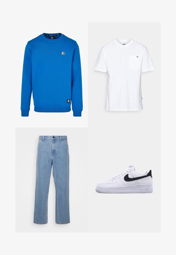 Blå crewneck sweatshirt lavet af bomuldsblanding med ribbede manchetter og kant. Har et lille sort og hvidt logo på brystet.; Hvid bomulds t-shirt med rund halsudskæring, korte ærmer og en brystlomme med et lille mærke-logo på venstre side.; Lyseblå denim jeans med lige ben, vedhæftet med knaplukning og bæltestropper. Stoffet har en subtil falmet struktur.; Hvide lædersneakers med en struktureret sort Swoosh, flade snørebånd og en gummisål med et rillemønster. "AIR" er præget på hælen.