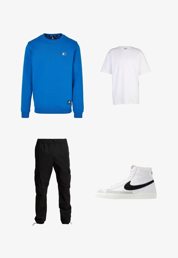 Blå crewneck sweatshirt lavet af bomuldsblanding med ribbede manchetter og kant. Har et lille sort og hvidt logo på brystet.; Ensfarvet hvid T-shirt i bomuld med korte ærmer, rund halsudskæring og løs pasform, vist på en hvid baggrund.; Sorte cargobukser lavet af slidstærkt stof, med elastisk talje, justerbare snore og sidelommer med klaplukninger.; Hvide høje sneakers med et sort swoosh, struktureret grå tåhætte og flad hvid sål. Har seks snørrehuller og syede detaljer.