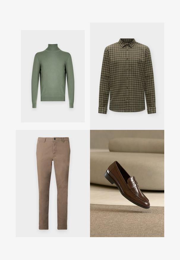 Pull vert à manches longues avec col roulé, col, poignets et ourlet côtelés, présenté sur un fond gris neutre.; Chemise à manches longues boutonnée avec un motif à carreaux verts et blancs et un col classique, présentée sur un fond uni.; Pantalon marron ajusté pour homme avec fermeture à boutons et zip sur le devant, passants de ceinture et poches latérales, présenté à plat sur fond blanc.; Mocassin en cuir marron avec un motif texturé flottant au-dessus d'un tapis beige avec un canapé beige assorti en arrière-plan.