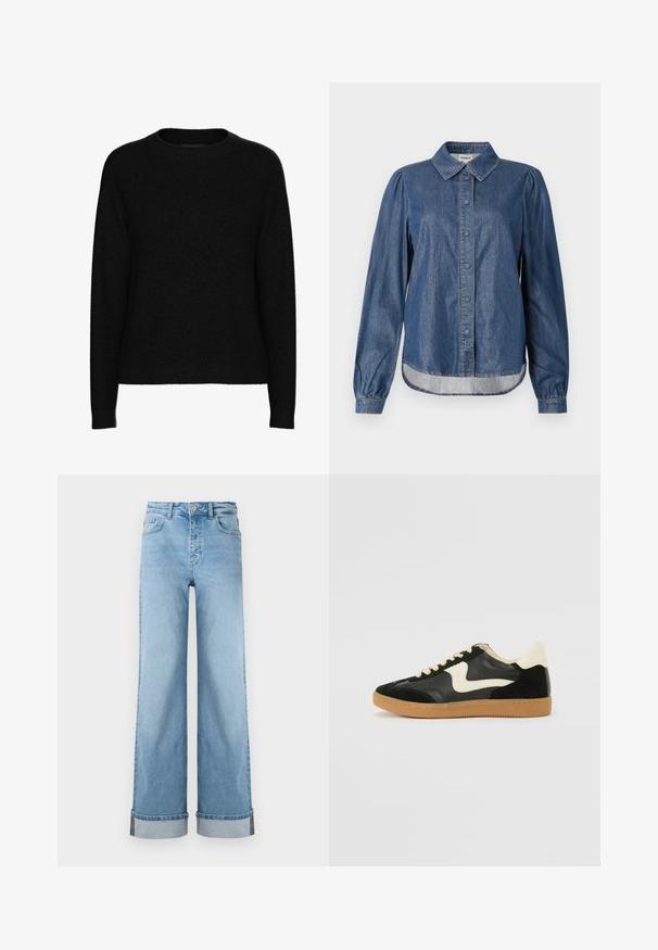 Schwarzer Langarm-Pullover mit Rundhalsausschnitt, geripptem Kragen, Bündchen und Saum, aus weichem strukturiertem Stoff.; Dunkelblaue Jeanshemd mit Kragen, vorderem Knopfverschluss, langen gepufften Ärmeln und abgerundetem Saum, mit kontrastierenden Nähten.; Hellblaue weite Jeans im klassischen Denim mit hoher Taille, ausgestattet mit umgeschlagenen Säumen und sichtbaren Nähten.; Schwarze Wildleder- und Leder-Sneaker mit einem cremefarbenen Seiten-Swoosh und einer hellcremefarbenen Ferse. Ausgestattet mit beige Schnürsenkeln und einer Gummilaufsohle.