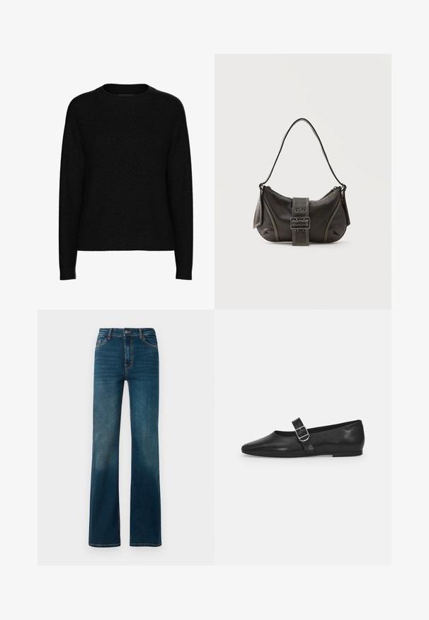 Schwarzer Langarm-Pullover mit Rundhalsausschnitt, geripptem Kragen, Bündchen und Saum, aus weichem strukturiertem Stoff.; Dunkelblaue, hoch geschnittene Jeans mit geradem Bein. Aus Denim gefertigt, mit kontrastierenden Nähten und einem klassischen Fünf-Taschen-Design.; Schwarzer Lederflatschuh mit runder Zehenform, einem verstellbaren Schnallenriemen und einer glatten, glänzenden Oberfläche. Minimalistisches Design mit einem niedrigen Absatz.; Schwarze Leder-Schultertasche mit Schnallengurt-Detail, abgerundeten Kanten und kontrastierenden weißen Nähten auf schlichtem Hintergrund.