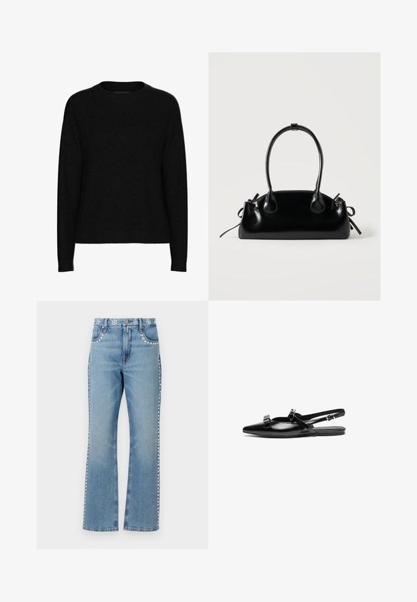 Pull noir à manches longues avec col rond, col, poignets et ourlet côtelés, fabriqué en tissu doux et texturé.; Good American GOOD ICON STUDDED - Jean droit - indigo; Chaussure plate à bride arrière en cuir noir avec un bout pointu, ornée de volants sur le avant-pied et d'une sangle à cheville réglable. Texture de surface lisse.; Petit sac à main noir brillant avec deux longues anses et des détails à cordon sur les côtés sur un fond clair uni.