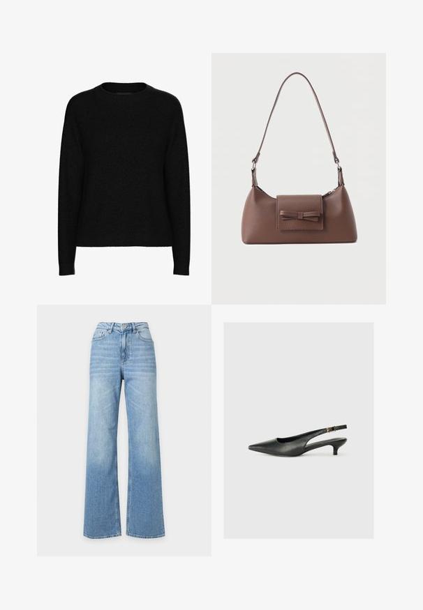 Schwarzer Langarm-Pullover mit Rundhalsausschnitt, geripptem Kragen, Bündchen und Saum, aus weichem strukturiertem Stoff.; Hellblaue Jeans mit hoher Taille, weitem Bein, Vordertaschen, Gürtelschlaufen und Knopfverschluss.; Schwarzer Slingback-Schuh mit spitzem Zehenbereich aus glattem Leder. Mit einem dünnen Absatz und einer dekorativen Schnalle am verstellbaren Riemen.; Braune Leder-Umhängetasche mit einer vorderen Klappentasche, die ein gestepptes Schleifendetail und einen verstellbaren Riemen aufweist.