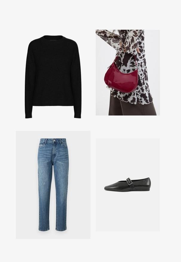 Schwarzer Langarm-Pullover mit Rundhalsausschnitt, geripptem Kragen, Bündchen und Saum, aus weichem strukturiertem Stoff.; Blaue Denim-Jeans mit geradem Bein, fünf Taschen und einer vorderen Knopfverschluss. Helle Waschung mit subtilen Auswaschungen und einer strukturierten Oberfläche.; Schwarze Lederflachschuhe mit spitzem Zehenbereich, ausgestattet mit einem metallischen Riemen über dem Spann und einer niedrigen, flexiblen Sohle.; Frau trägt eine schwarz-weiß gemusterte Bluse und hält eine glänzende rote Schultertasche vor einem einfarbigen Hintergrund.