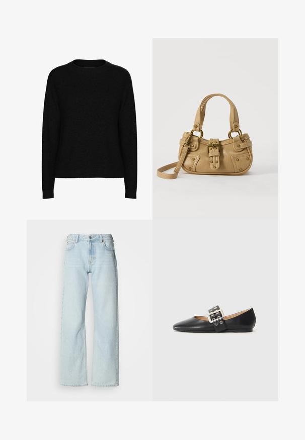 Schwarzer Langarm-Pullover mit Rundhalsausschnitt, geripptem Kragen, Bündchen und Saum, aus weichem strukturiertem Stoff.; Hellblaue Jeans mit weitem Bein aus Denim. Verfügen über ein klassisches Fünf-Taschen-Design, Gürtelschlaufen und einen Knopfverschluss. Leicht verwaschene Textur.; Schwarzer flacher Lederschuh mit spitz zulaufender Schuhspitze und einem dekorativen Riemen mit silberfarbener Schnalle sowie kleinen Ausschnitten.; Beige Lederhandtasche mit doppelten Griffen, Messingschnalle und Nieten, sowie verstellbarem Schultergurt vor weißem Hintergrund.