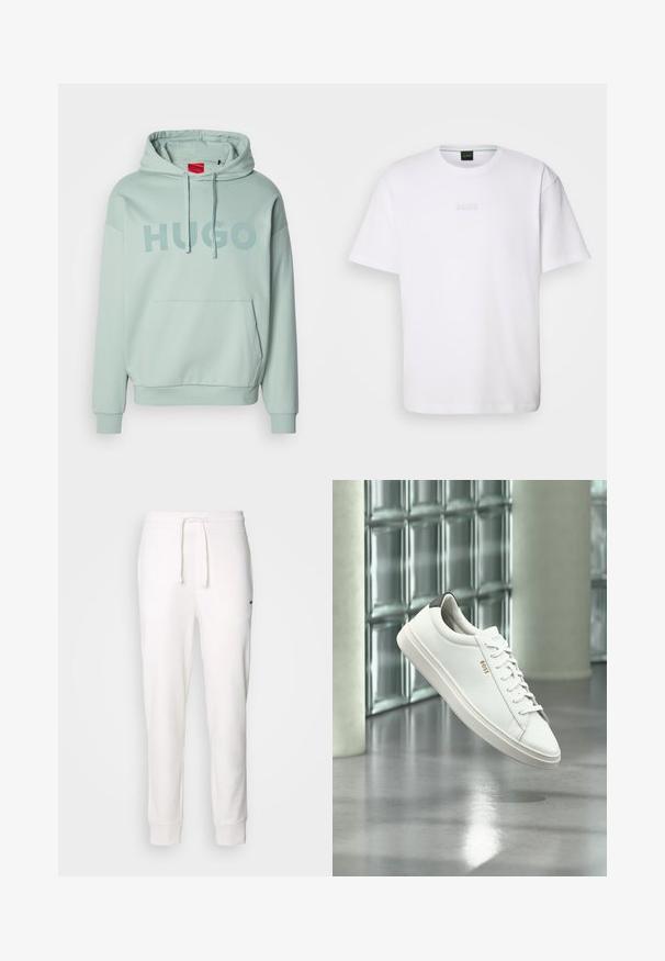 Lichte groene pullover hoodie met een voorste kangoeroezak, een capuchon met trekkoorden en "HUGO" in grote letters op de borst gedrukt.; Witte katoenen T-shirt met korte mouwen, ronde halslijn en reliëf 'BOSS' logo op de borst. Veilig textuur, standaard pasvorm.; Witte katoenen sweatpants met een elastische tailleband, een trekkoord en ribbelmanchetten. Heeft een klein zwart logo aan de zijkant.; Witte leren lage sneaker met veters, zwarte hielstrook en "BOSS"-logo, zwevend binnenshuis bij een glazen stenen muur en gepolijste vloer.