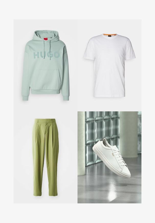 Lysegrøn pullover hoodie med forlommekrave, snørelukning i huen og "HUGO" trykt hen over brystet med store bogstaver.; Hvid bomulds T-shirt med rund hals, korte ærmer og et subtilt præget logo på brystet. Indvendigt mærke har en orange detalje.; Lys grønne bukser lavet af et struktureret stof, med en lige form, folder foran og en standard talje.; Hvid læder lav-top sneaker med snørebånd, sort hælflig og "BOSS"-logo, svævende indendørs nær glasblok væg og poleret gulv.
