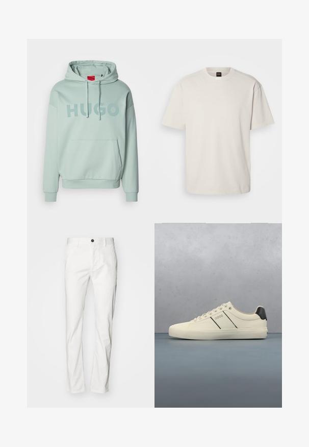 Lysegrøn pullover hoodie med forlommekrave, snørelukning i huen og "HUGO" trykt hen over brystet med store bogstaver.; Kortærmet, crew-neck t-shirt i off-white bomuld med lige snit og minimal branding på kraven. Blød tekstur, uden mønstre.; Hvide bomuldsbukser med lige snit, der har knaplukning og lommer, glat tekstur og minimalistisk stil.; Cremefarvede sneakers med en glat tekstur, der har sorte accenter og branding. Klassisk snørebåndsdesign med rund tå og gummisål.