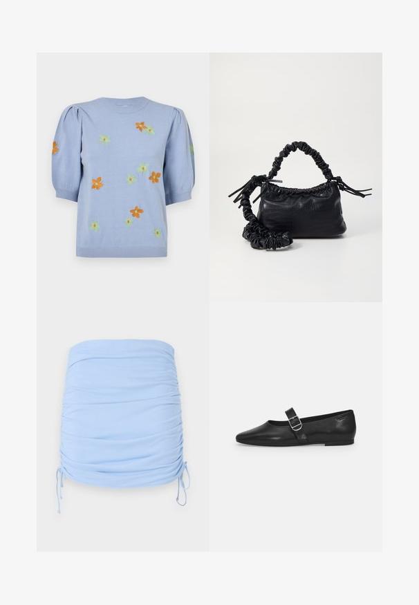 Lyseblå strikket sweater med korte pufærmer, prydet med farverige broderede blomster i orange, grøn og gul. Ribbet halsudskæring og kant.; Lyseblå rynket mini-skjørt lavet af strækbart stof. Har snoretræk i siderne for justerbar pasform og glat tekstur.; Sorte læder flade sko med rund tå, et enkelt justerbart spænde og en glat, blank overflade. Minimalistisk design med en lav hæl.; Sort kunstlæder håndtaske med krokodilteksur, indsnøret top og en sammenkrøben rem. Ser blød og kompakt ud i designet.