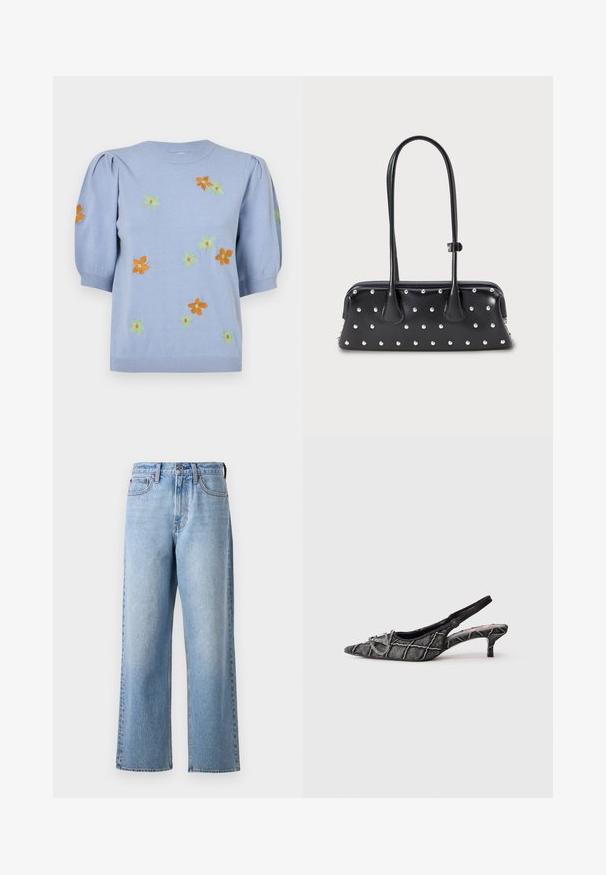 Lyseblå strikket sweater med korte pufærmer, prydet med farverige broderede blomster i orange, grøn og gul. Ribbet halsudskæring og kant.; Lys blå denim jeans med lige ben-design, der har en knaplukning, bæltestropper og subtil aftoning i stofstrukturen.; Sort slingback kittenhæl med spids tå, tekstureret mønster og sølvspænde på hvid baggrund.; Sort rektangulær håndtaske med lange dobbelte stropper og sølvfarvede runde nitter jævnt fordelt over overfladen.