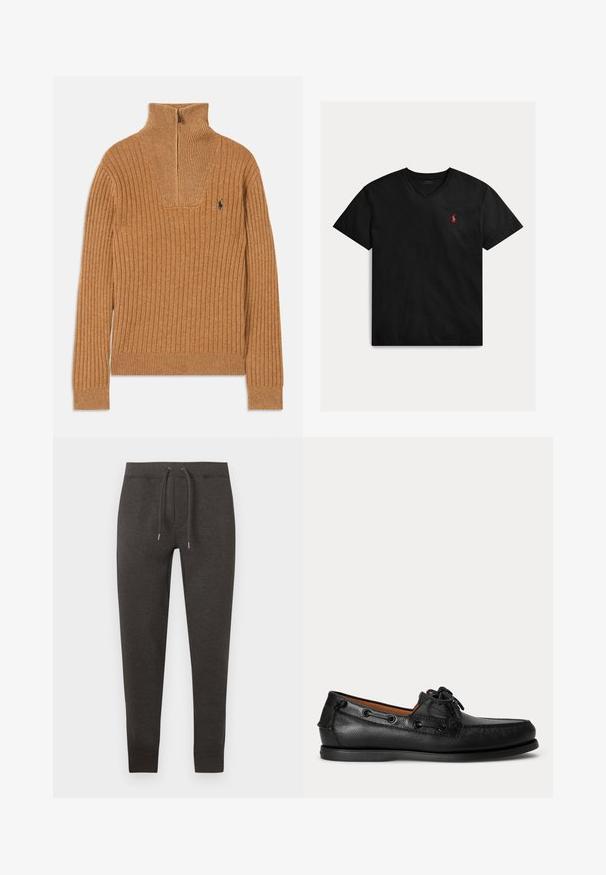 Brun ribbet sweater med høj krave, kvart-lynlås lukning og lille logo på brystet. Blød tekstur, tætsiddende design, lange ærmer.; Sort bomulds-t-shirt med v-hals, korte ærmer og et lille rødt logo på venstre bryst. Glat tekstur og afslappet design.; Mørkegrå joggingbukser lavet af blødt materiale, med elastisk talje med snor, tilspidsede ben og manchetter ved anklerne.; Sort lædermoccasin med snøredetalje og lav gummisål, vist fra siden på ensartet lys baggrund.