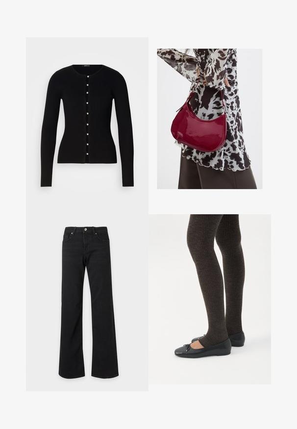 Μαύρος ριγέ κάρντιγκαν με μακριά μανίκια, στρογγυλή λαιμόκοψη και μπροστινό κλείσιμο με κουμπιά, που διαθέτει κουμπιά όμοια με μαργαρίτες κατά μήκος μιας κυματιστής ραφής.; Μαύρο τζιν ψηλόμεσο με ίσια και φαρδιά πόδια, μπροστινές τσέπες, θηλιές για ζώνη και κούμπωμα με μεταλλικό κουμπί σε λευκό φόντο.; Πόδια με σκουρόχρωμα ριμπ κολάν συνδυασμένα με μαύρα μπαλαρίνα παπούτσια με μικρές λεπτομέρειες φιόγκων σε λευκό φόντο.; Γυναίκα που φοράει μια μπλούζα με μαύρο-άσπρο μοτίβο κρατάει μια γυαλιστερή κόκκινη τσάντα ώμου σε απλό φόντο.
