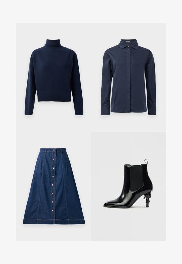 Navy blauwe, lange mouwen coltrui met geribbelde manchetten, zoom en hals, weergegeven op een effen witte achtergrond.; Marineblauwe, lange mouwen blouse met een gladde, lichtgewicht stof. Heeft een klassieke kraag en een discrete frontknoopsluiting.; Donkerblauwe denim A-lijn rok met knoopsluiting aan de voorkant, met zakken, contrasterende stiksels en een lengte tot halverwege de kuit.; Zwarte enkellaars van lakleer met elastische zijpanelen, een spitse neus en een uniek sculpturaal hakontwerp met een klein figuurtje.