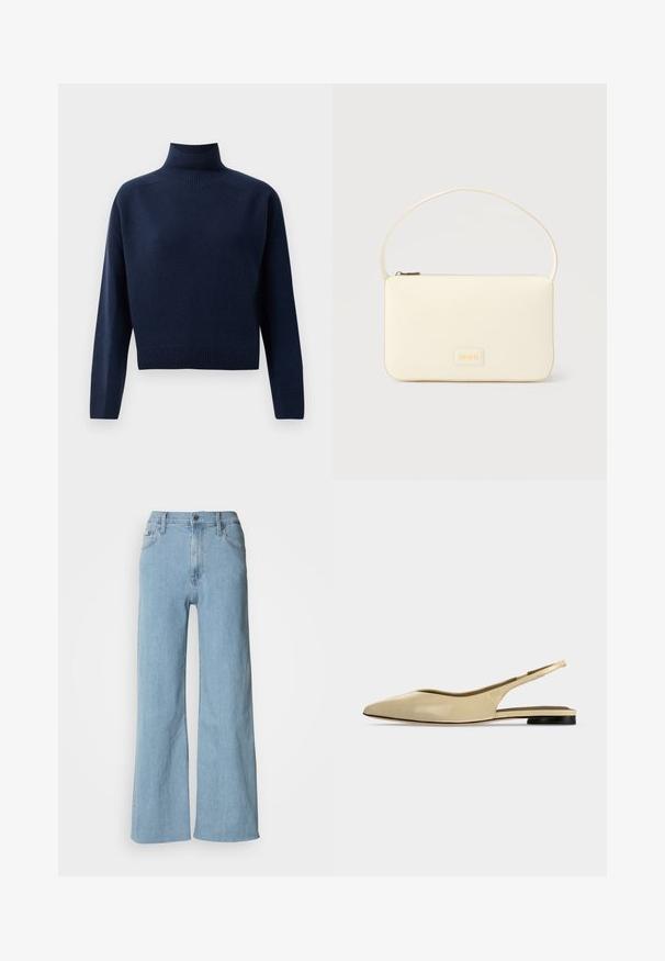 Navy blauwe, lange mouwen coltrui met geribbelde manchetten, zoom en hals, weergegeven op een effen witte achtergrond.; Lichtblauwe wijde jeans van denim, met een aansluitende taille, vijf-pocket ontwerp en subtiele stiksels.; Beige platte slingback schoen met puntige neus, lage zwarte hak en een glad leren afwerking, zijaanzicht op een effen achtergrond.; Roomkleurige rechthoekige handtas met een enkele draagband en een ritssluiting aan de bovenkant, met een klein ingegraveerd logoplacaat op de voorkant.