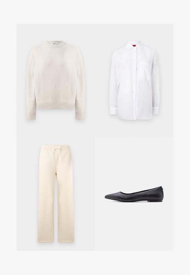 Cremefarvet strikket sweater med lange ærmer, ribbede manchetter, kant og rund halsudskæring, mærket "DRYKORN" inden i kraven.; Hvid langærmet skjorte lavet af let stof, med knaplukning foran, krave og en lomme på venstre bryst. Subtil tekstureret overflade.; Kræmfarvede sweatpants lavet af blødt stof, med en elastisk talje med snor, brede ben og ingen synlige mønstre.; Sort flad lædersko med spidst tåparti og lav hæl, vist i sideprofil mod en hvid baggrund.