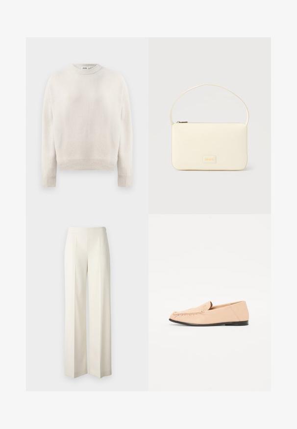 Cremefarvet strikket sweater med lange ærmer, ribbede manchetter, kant og rund halsudskæring, mærket "DRYKORN" inden i kraven.; Hvide brede bukser lavet af et glat stof med frontfolder. Designet med en høj talje og en ren finish.; Beige læder loafers med syet detaljer, en flad sort sål og en rund tå. Minimalistisk design uden fremtrædende hardware eller accenter.; Kremfarvet rektangulær håndtaske med en enkelt rem og lynlås øverst, med en lille præget logo-plakette foran.