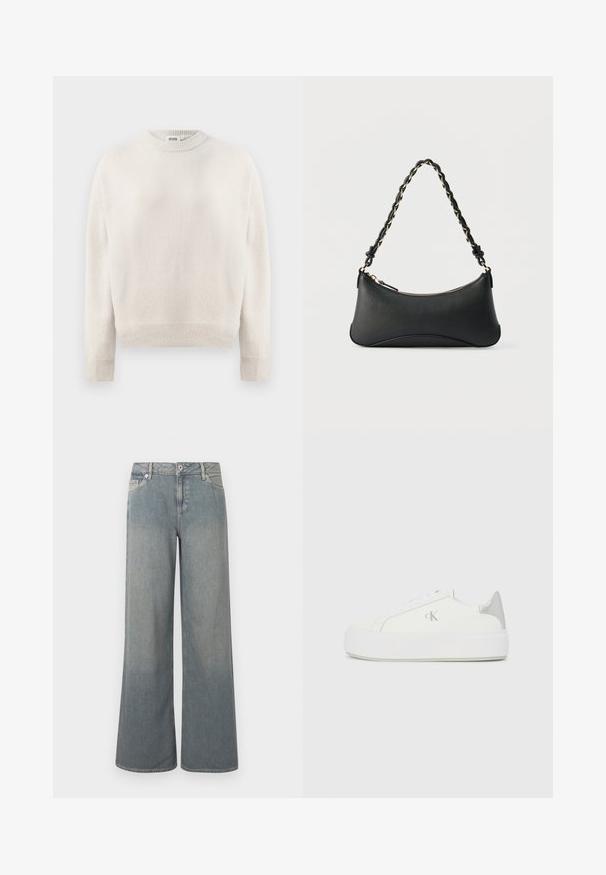 Cremefarvet strikket sweater med lange ærmer, ribbede manchetter, kant og rund halsudskæring, mærket "DRYKORN" inden i kraven.; Lyseblå jeans med brede ben lavet af denim, der har et klassisk design med fem lommer, lynlås- og knaplås samt frynset kant.; Hvide lærredssneakers med en tyk hvid sål, prydet med en metallic sølvaccent på hælen og en diskret logo-detalje på siden.; Sort skuldertaske i læder med en buet rektangulær form, gyldent kæde vævet ind i en flettet sort rem og toplynlås.
