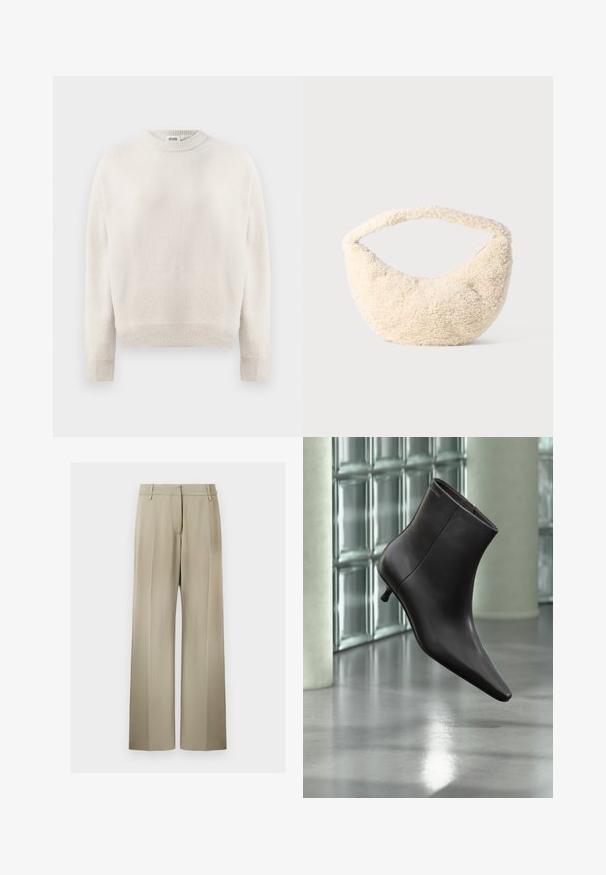 Suéter de punto color crema con mangas largas, puños acanalados, dobladillo y escote redondo, etiquetado "DRYKORN" en el interior del cuello.; Pantalones de pierna ancha en suave tela beige, con una parte delantera plana, presillas para cinturón y una textura lisa. Cintura estándar sin patrones visibles.; Bota de cuero negro para el tobillo con puntera puntiaguda y tacón pequeño, exhibida frente a una pared de bloques de vidrio y un suelo pulido.; Bolso de color crema con una textura suave y esponjosa. Forma curvada y una tira ancha para llevar. Diseño simple, sin hardware o acentos visibles.