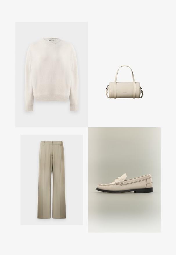 Suéter de punto color crema con mangas largas, puños acanalados, dobladillo y escote redondo, etiquetado "DRYKORN" en el interior del cuello.; Pantalones de pierna ancha en suave tela beige, con una parte delantera plana, presillas para cinturón y una textura lisa. Cintura estándar sin patrones visibles.; Mocasín de cuero beige para hombre con suela negra y detalle decorativo de correa sobre fondo gris claro.; Pequeño bolso cilíndrico de cuero beige con dos asas, una correa de hombro desmontable y el logo de Calvin Klein en la parte frontal.