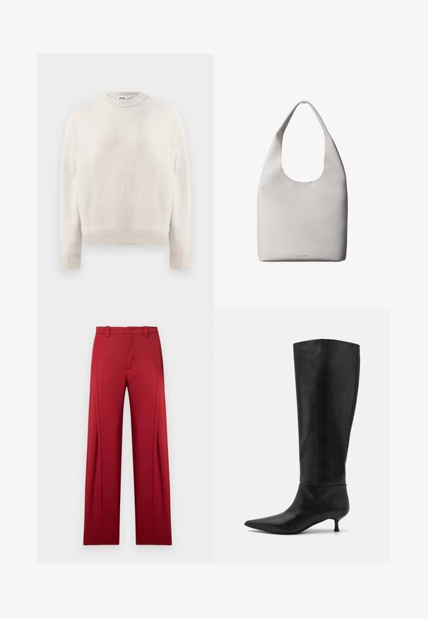Cremefarvet strikket sweater med lange ærmer, ribbede manchetter, kant og rund halsudskæring, mærket "DRYKORN" inden i kraven.; Røde skræddersyede bukser med lige ben, bæltestropper og sidelommer. Glat stoftekstur uden synlige mønstre eller hardware.; Knæhøje sorte læderstøvler med spids tå og kitten-heel. Glat tekstur og minimalistisk design uden synligt hardware eller accenter.; Hvid lædertaske med ét skulderrem, blød tekstur og diskret Calvin Klein-logo nær bunden i midten.