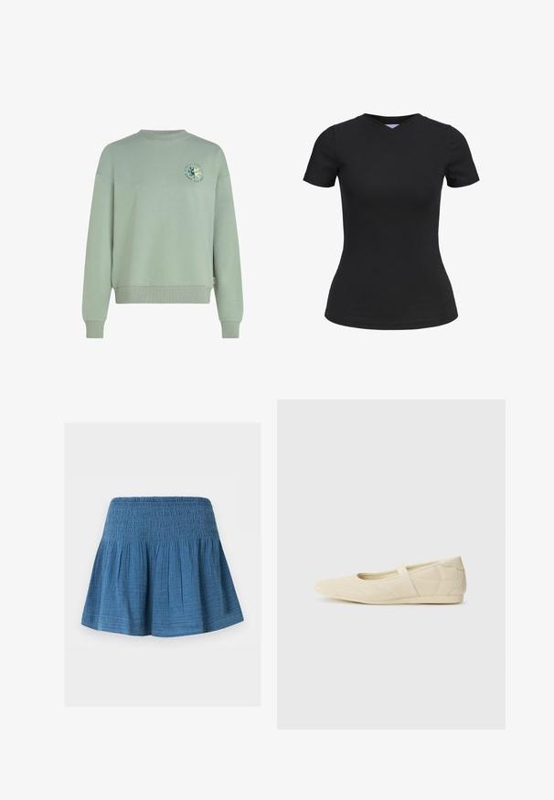 Sweat-shirt vert clair à col rond, manches longues, poignets et ourlet côtelés. Présente un logo circulaire avec texte sur la poitrine.; T-shirt noir près du corps à manches courtes et col en V, en tissu lisse et au design simple, présenté sur fond blanc.; Jupe bleue mi-longue avec taille froncée et tissu froncé pour une silhouette évasée, présentée sur fond blanc uni.; Ballerines beiges avec une exterior en cuir lisse, un bout en forme d'amande et une sangle élastique sur le coup de pied, avec des détails de couture subtils.