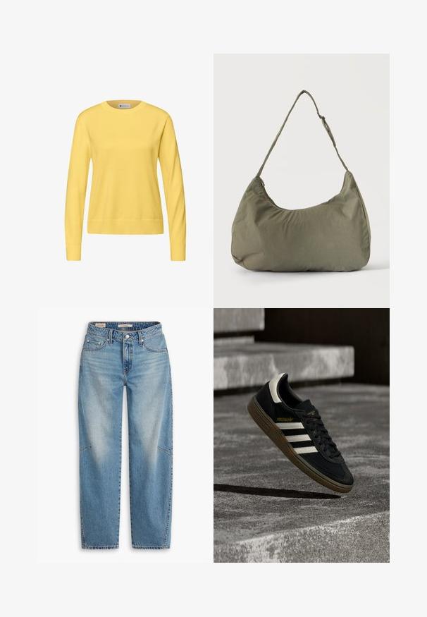 Pull jaune tricoté avec un col rond, des manches longues, des poignets et un ourlet côtelés. Texture lisse, coupe décontractée, sans motifs ni ornements.; Jean en denim bleu clair avec une coupe ample, un design à jambes droites, une braguette boutonnée et un style à cinq poches, présentant un léger délavage et des détails de couture subtils.; Baskets Adidas noires avec des bandes blanches et une semelle en gomme flottant au-dessus d'escaliers en béton gris sous une lumière naturelle.; Sac à épaule en tissu doux vert olive avec fermeture éclair et bandoulière réglable sur un fond uni clair.