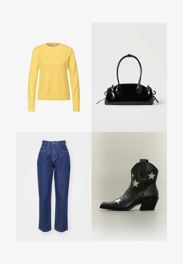 Pull jaune tricoté avec un col rond, des manches longues, des poignets et un ourlet côtelés. Texture lisse, coupe décontractée, sans motifs ni ornements.; Jean en denim bleu foncé à taille haute, jambe droite, cinq poches et surpiqûres contrastées. Design classique avec une texture lisse.; Bottine cowboy en cuir noir, hauteur cheville, avec un talon biseauté de hauteur moyenne et des découpes blanches en forme d’étoile sur les côtés et le bout.; Petit sac à main noir brillant avec deux longues anses et des détails à cordon sur les côtés sur un fond clair uni.