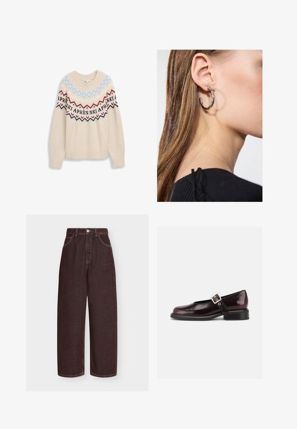 Pull en tricot beige à manches longues. Présente un motif en blocs de couleur bleu, rouge et noir avec le texte "APRÈS SKI" autour de l'encolure.; Jean large taille haute brun foncé avec poches avant, passants de ceinture, fermeture par bouton et coutures visibles sur fond uni.; Chaussure Mary Jane unique brillante couleur bordeaux foncé avec une large bride et une boucle argentée, talon bloc bas et bout arrondi sur fond blanc.; Boucle d'oreille en argent avec une finition polie, présentant de petits détails en or et de forme ronde, portée sur le lobe.