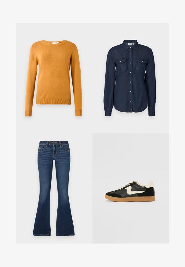 Sennepsgul sweater, blødt strikket stof, rund halsudskæring, lange ærmer, ribbede kanter og manchetter, let design uden mønstre eller udsmykninger.; Marineblå knap-up skjorte i let materiale, med to forlommer, lange ærmer og en klassisk krave med buet kant.; Flared jeans i mørkeblå denim med et klassisk fem-lomme-design, kontrastsyninger og lynlås med knaplukning.; Sorte ruskinds- og lædersneakers med en cremefarvet side-swoosh og lys cremefarvet hæl. Har beige snørebånd og en gummirubber-sål.