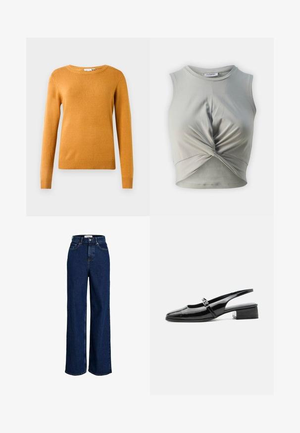 Senfgelbes Sweatshirt, weicher Strickstoff, Rundhalsausschnitt, lange Ärmel, gerippter Saum und Bündchen, leichtes Design ohne Muster oder Akzente.; Grauer Baumwoll-Crop-Top mit rundem Ausschnitt und ärmellosem Design, das ein verdrehtes Frontdetail und eine glatte, weiche Textur aufweist.; Dunkelblaue, hoch taillierte Jeans mit weitem Bein, vorderen Taschen, Gürtelschlaufen, Knopfverschluss und sichtbaren Nahtdetails.; Schwarzer Slingback-Schuh aus Lackleder mit niedrigem Blockabsatz und dünnem Riemen mit silberner Schnalle oben.