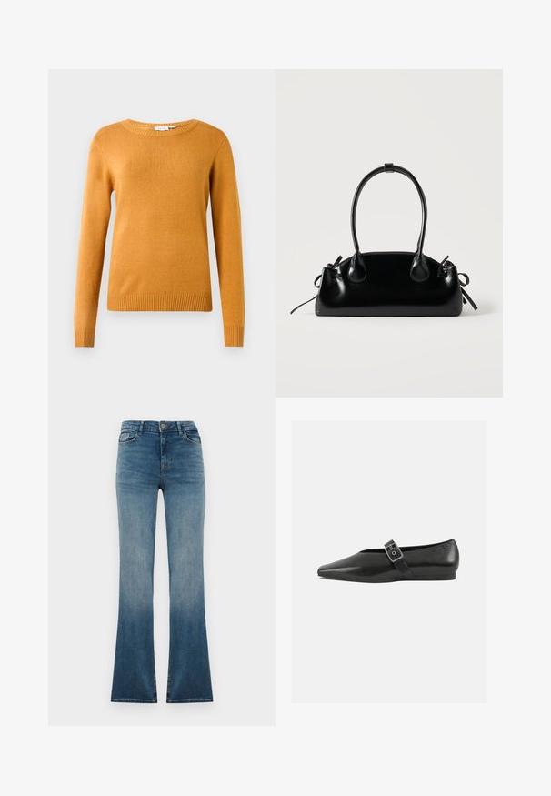 Sennepsgul sweater, blødt strikket stof, rund halsudskæring, lange ærmer, ribbede kanter og manchetter, let design uden mønstre eller udsmykninger.; Blå denim flared jeans med en gradient fading fra mørk til lys. Har en traditionel talje, fem lommer og en frontlukning med knap.; Sorte læder flade sko med spidse tæer, prydet med en metallisk spænde over vristen og en lav, fleksibel sål.; Lille sort blank håndtaske med to lange håndtag og snøre-detaljer i siden på en ensfarvet lys baggrund.