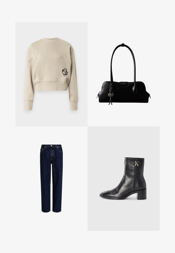Afkortet sweatshirt i lys beige stof. Har lange ærmer, rund halsudskæring, og et sort logo trykt på nederste venstre side.; Mørkeblå denim jeans med lige ben-design, der har høj talje, fem-lomme-stil og kontrastsyninger. Ingen dekorationer.; Sort læder ankelstøvle med spids tå, blokhæl og en rem med en metallisk logo detalje. Glat tekstur og minimalistisk design.; Sort lædertaske fra Calvin Klein med lange håndtag, en forside-logo-tag og en sølv geometrisk vedhæng, der hænger fra det ene håndtag.