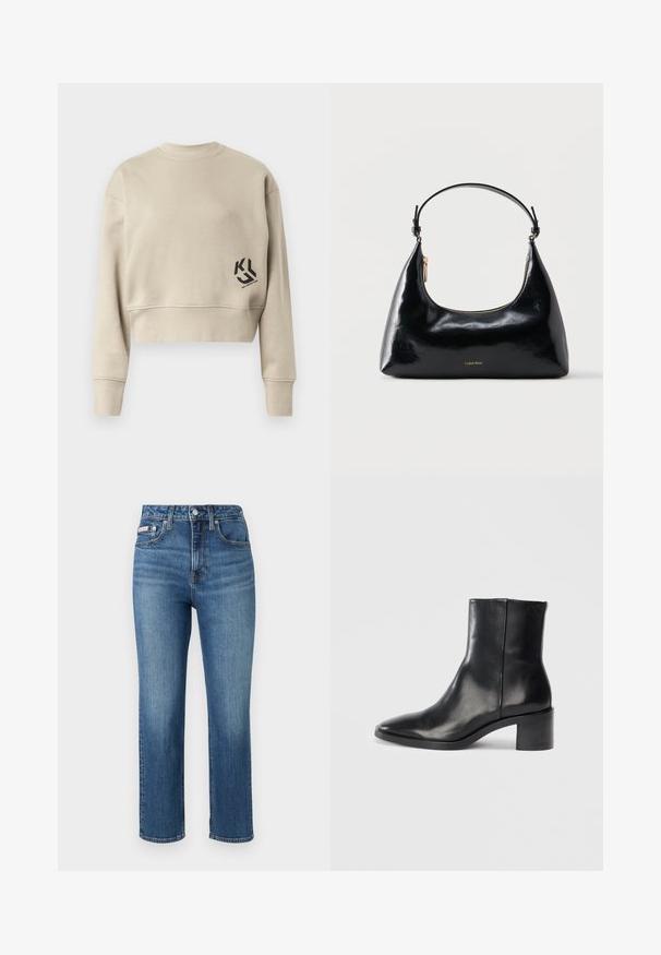 Afkortet sweatshirt i lys beige stof. Har lange ærmer, rund halsudskæring, og et sort logo trykt på nederste venstre side.; Blå jeans med høj talje lavet af denim, med et design med lige ben, fem lommer og diskret falming på lårene og knæene.; Sorte læderankelstøvle med spids tå, lav blokhæl og subtilt præget logo. Glat tekstur med et elegant design og minimal søm.; Sort blank Calvin Klein håndtaske med gyldent lynlås og kort rem mod en ensfarvet hvid baggrund.