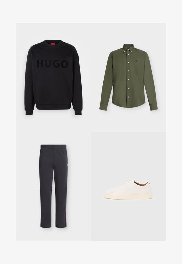 Zwarte sweatshirt van zacht materiaal, met een ronde halslijn en lange mouwen. Het woord "HUGO" is prominent weergegeven in een glanzend zwart lettertype.; Olijfgroen overhemd met lange mouwen, knopen en een button-down kraag met klein geborduurd logo op de linkerborst.; Donkergrijze broek met rechte pijpen, een elastische tailleband en een klein wit logo op het bovenste deel van de dij tegen een effen achtergrond.; Witte lage sneaker met vetersluiting, minimale stikdetails en een crèmekleurige zool op een lichtgrijze achtergrond.