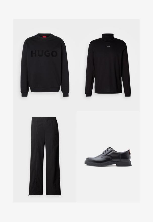 Zwarte sweatshirt van zacht materiaal, met een ronde halslijn en lange mouwen. Het woord "HUGO" is prominent weergegeven in een glanzend zwart lettertype.; Zwarte turtleneckshirt met lange mouwen, gemaakt van soepel materiaal, met een witte "HUGO" logo op de borst, en met aansluitende manchetten en zoom.; Zwarte wijde broek met een soepele textuur, elastische tailleband en koordsluitingen bij de enkels. Heeft contrasterende stiksels.; Zwarte leren veter schoenen met een gladde textuur, ronde neus en subtiel stiksel detail. Voorzien van een rode trekband op de hiel.