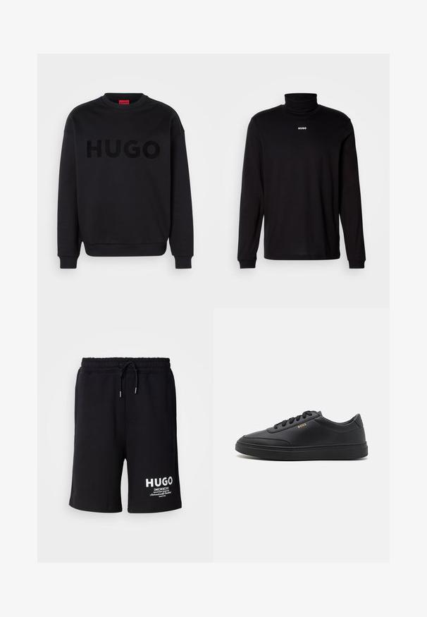 Schwarzer Pullover aus weichem Material mit rundem Ausschnitt und langen Ärmeln. Das Wort "HUGO" ist auffällig in glanzschwarzer Schrift dargestellt.; Schwarzes Langarm-Turtleneck-Shirt aus glattem Stoff, mit einem weißen "HUGO"-Logo auf der Brust, eng anliegend an den Bündchen und dem Saum.; Schwarze Baumwollshorts mit einem elastischen Bund und Kordelzug. Weißes "HUGO"-Logo am linken Bein. Einfaches Design, knielanger Schnitt.; Schwarze Leder-Sneaker mit glatter Textur, runder Zehenpartie, flacher Gummisohle und einfarbigen Schnürsenkeln. Mit goldfarbenem "BOSS" Logo an der Seite.